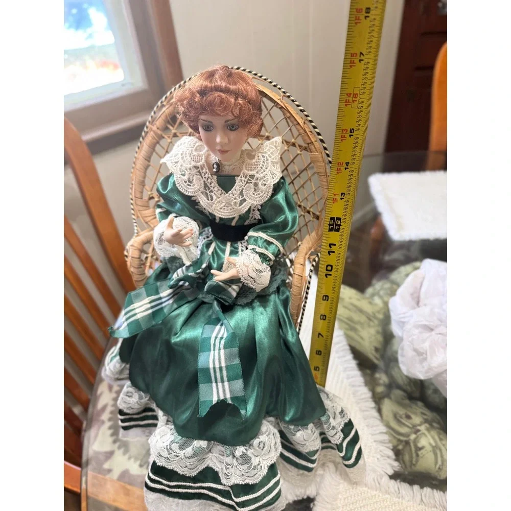 Victorian Porcelain Doll Emerald Green Lace Dress Wicker Peacock Chair 16in